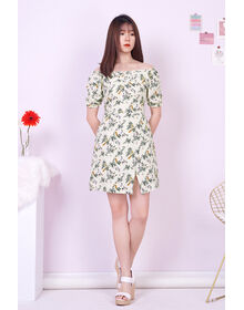 Fine Off Shoulder Floral Print Side Slit Skirt Playsuit (Beige)